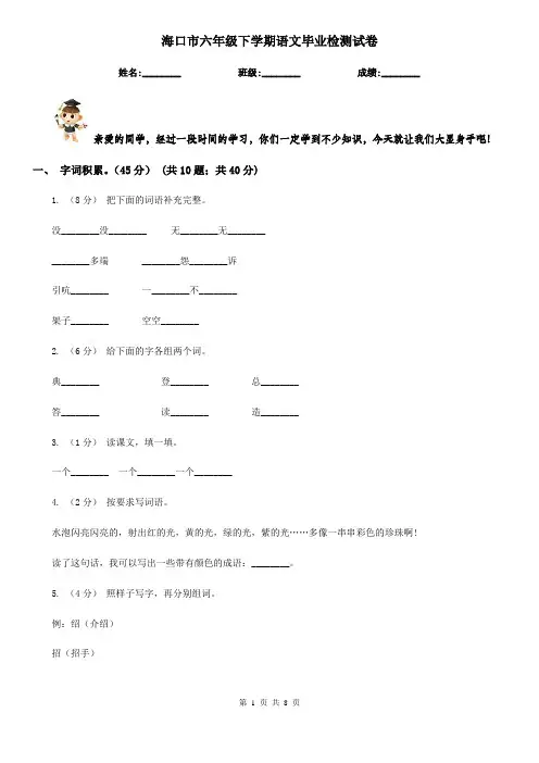 海口市六年级下学期语文毕业检测试卷