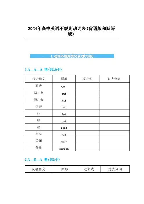 2024年高中英语不规则动词表(背诵版和默写版) 