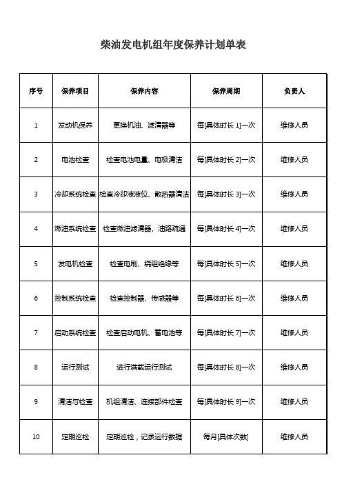 柴油发电机组年度保养计划单表