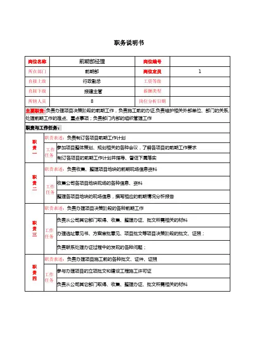 前期部经理岗位说明书