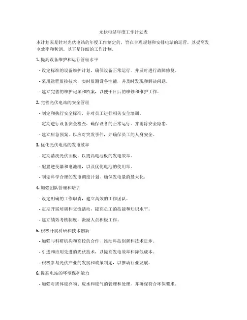 光伏电站年度工作计划表