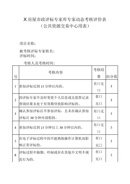 X房屋市政评标专家库专家动态考核评价表(公共资源交易中心用表)
