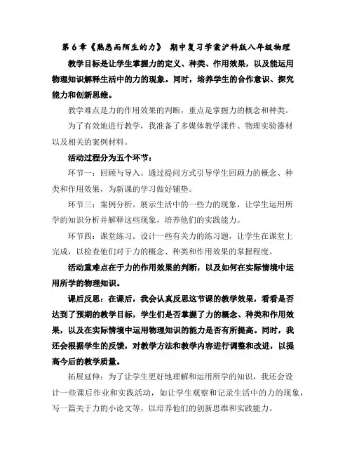 第6章《熟悉而陌生的力》期中复习学案-沪科版八年级物理