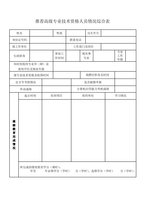推荐高级专业技术资格人员情况综合表