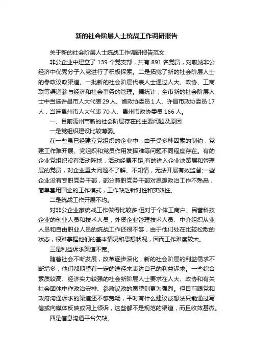 新的社会阶层人士统战工作调研报告