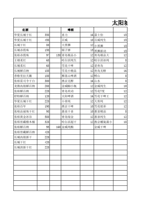 辽宁阜新太阳城KTV酒水价格表