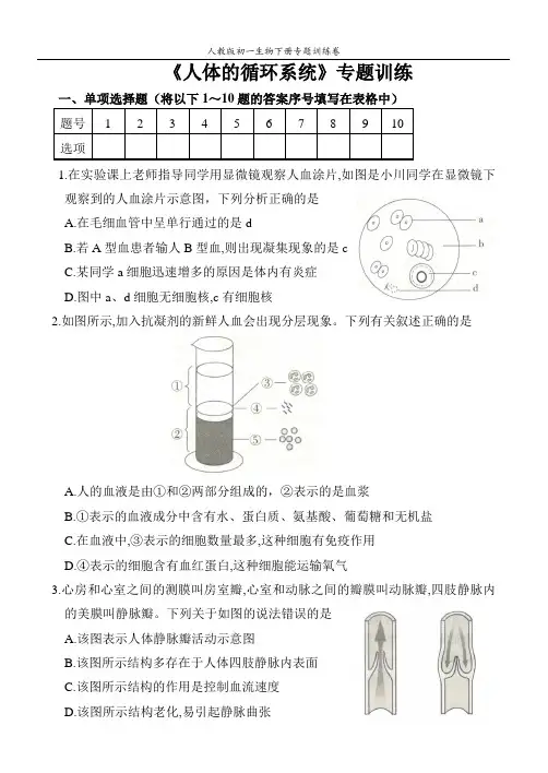人教版七年级生物下册专题训练卷 ： 人体的循环系统(解析版)