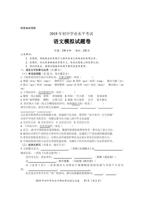 2019年中考语文模拟试卷及答案