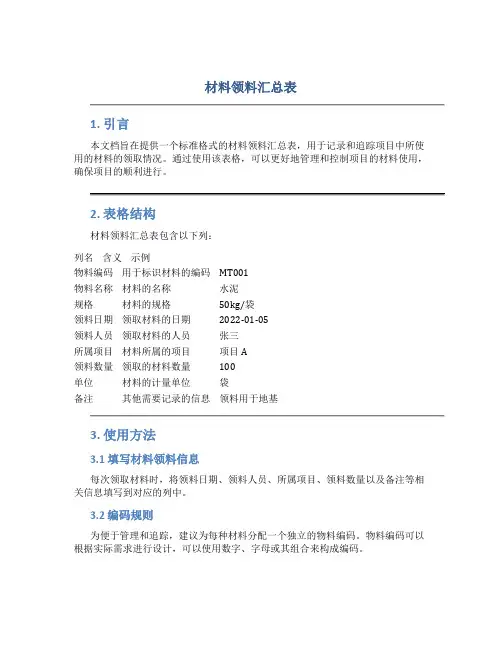 材料领料汇总表
