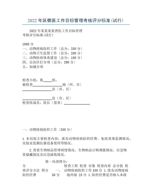 2022年区兽医工作目标管理考核评分标准(试行)