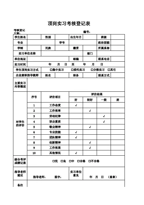 顶岗实习考核登记表模板