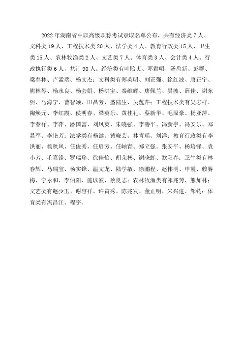 2022年湖南省中职高级职称通过名单