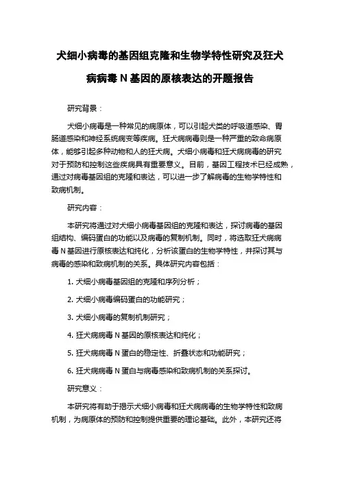 犬细小病毒的基因组克隆和生物学特性研究及狂犬病病毒N基因的原核表达的开题报告