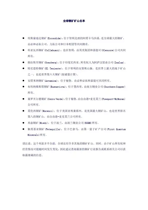 全球铜矿矿山名单