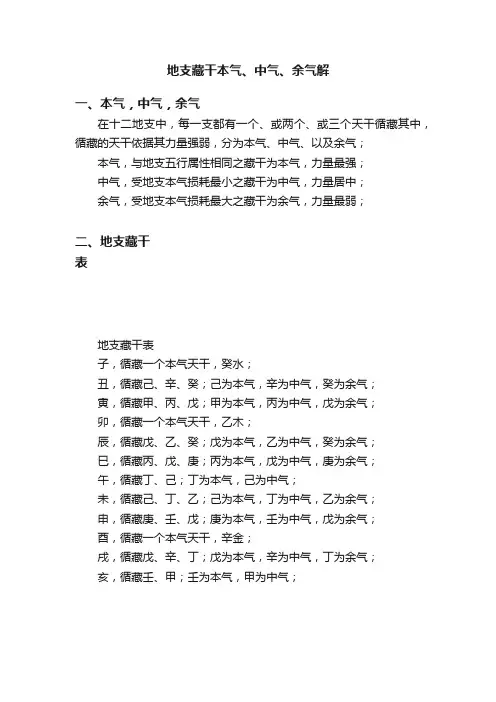 地支藏干本气、中气、余气解