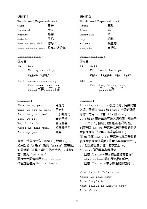 新概念英语青少版1A-词汇语法知识要点