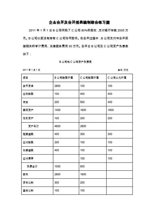 企业合并报表综合案例及答案
