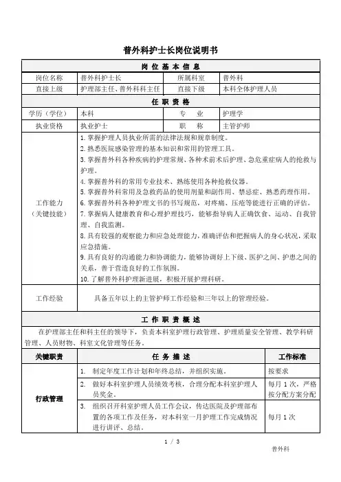 普外科护士长岗位说明书