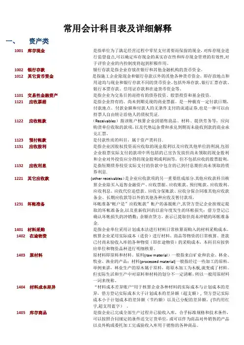 常用会计科目表及详细解释