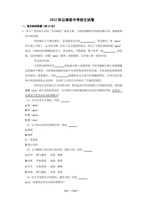 2022年云南省中考语文试卷(含答案解析)