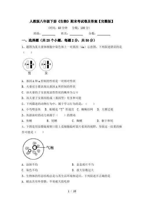 人教版八年级下册《生物》期末考试卷及答案【完整版】