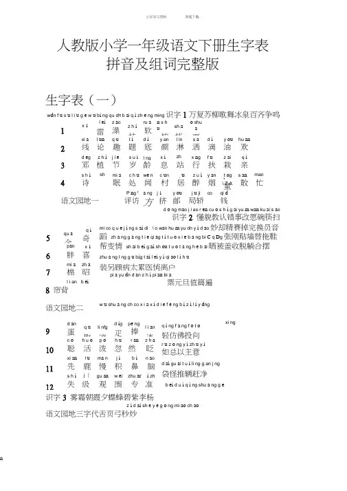人教版小学一年级语文下册生字表拼音注音及组词完整版