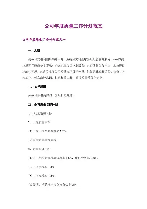公司年度质量工作计划范文