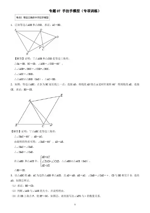 专题07 手拉手模型(专项训练)(老师版)