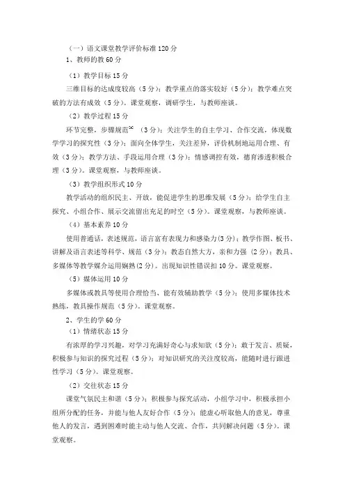 各学科课堂教学评价标准