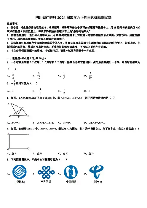 四川省仁寿县2024届数学九上期末达标检测试题含解析