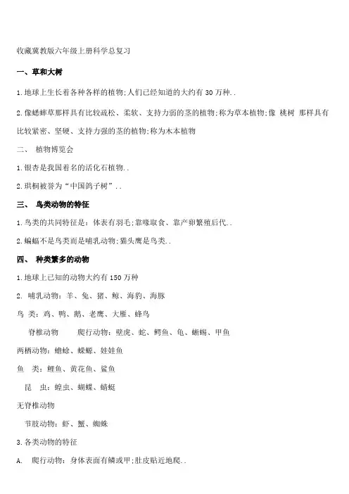 收藏冀教版六年级上册科学复习重点汇总