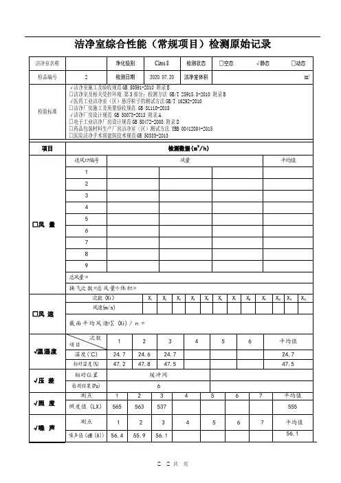 洁净室综合性能(常规项目)检测原始记录