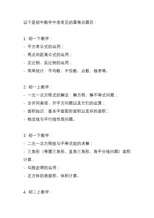 初中数学中考常见重难点题大全