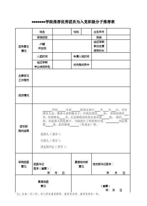 推荐优秀团员为入党积极分子推荐表