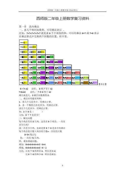 西师版二年级上册数学复习知识要点