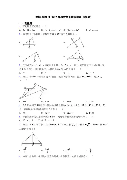 2020-2021厦门市九年级数学下期末试题(带答案)