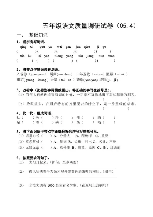 2019年五年级语文质量调研试卷(