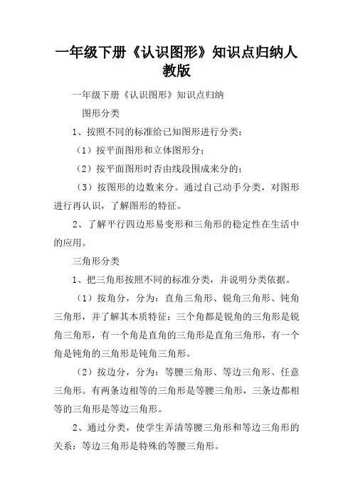 一年级下册《认识图形》知识点归纳人教版