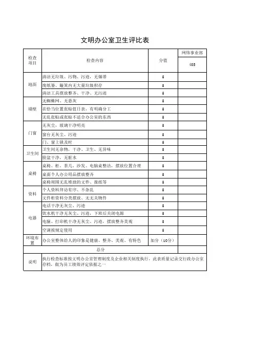 推荐-文明办公室卫生评比表 精品