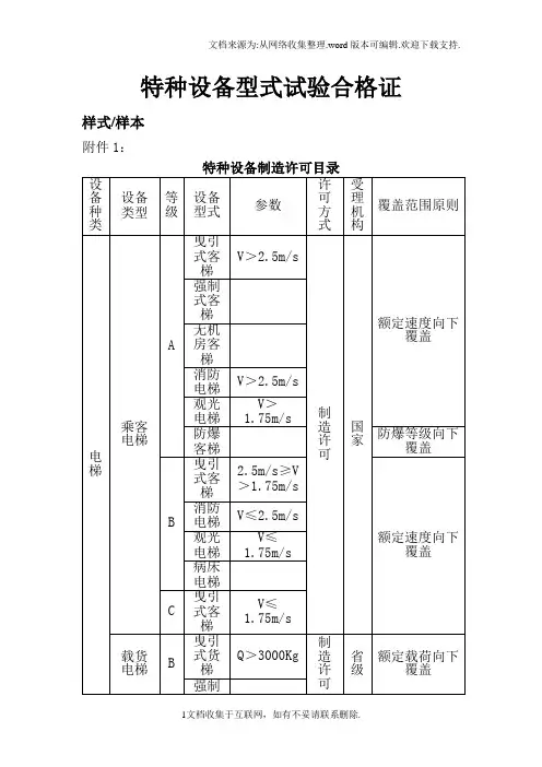 特种设备型式验合格证