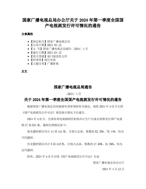 国家广播电视总局办公厅关于2024年第一季度全国国产电视剧发行许可情况的通告