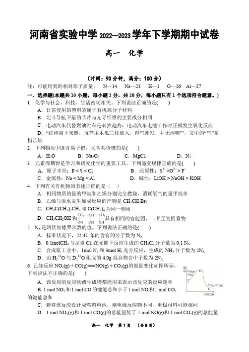 河南省实验中学2022-2023学年高一下学期期中高一化学试卷含答案