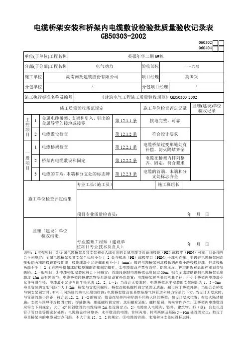 电缆桥架安装和桥架内电缆敷设检验批质量验收记录表