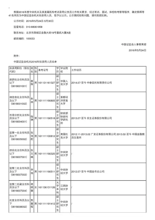 2016年国考中国证监会机关拟录用公示公告
