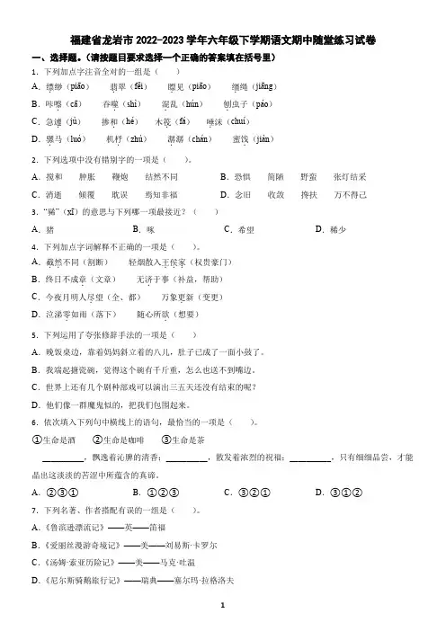 福建省龙岩市2022-2023学年六年级下学期语文期中随堂练习试卷(含答案)