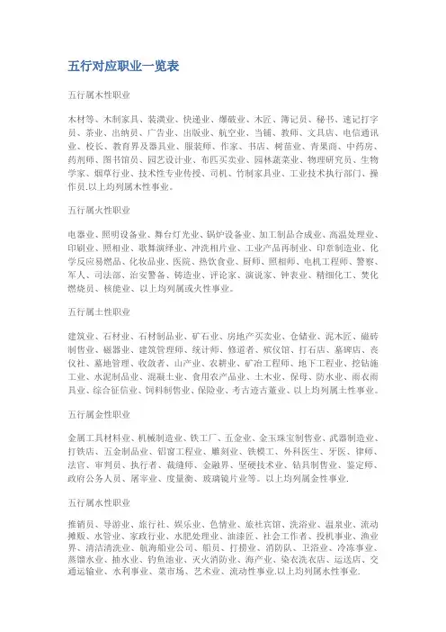 五行对应职业一览表