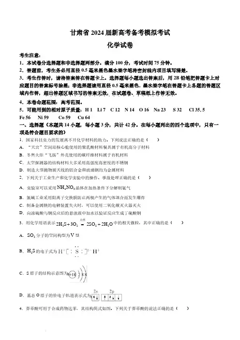 甘肃省武威市四校联考2024届高三上学期备课模拟(开学考试)化学试题及参考答案