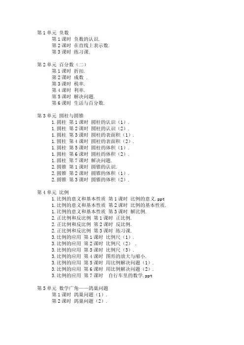 (完整版)人教版数学六年级下册课时安排