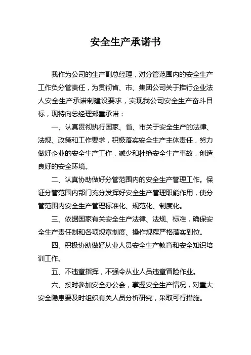 生产副总经理安全生产承诺书