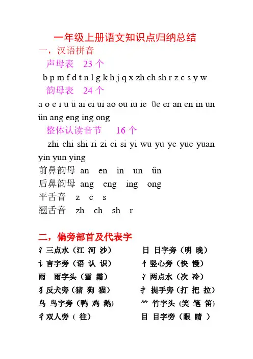 (完整版)小学一年级上册语文知识点归纳总结